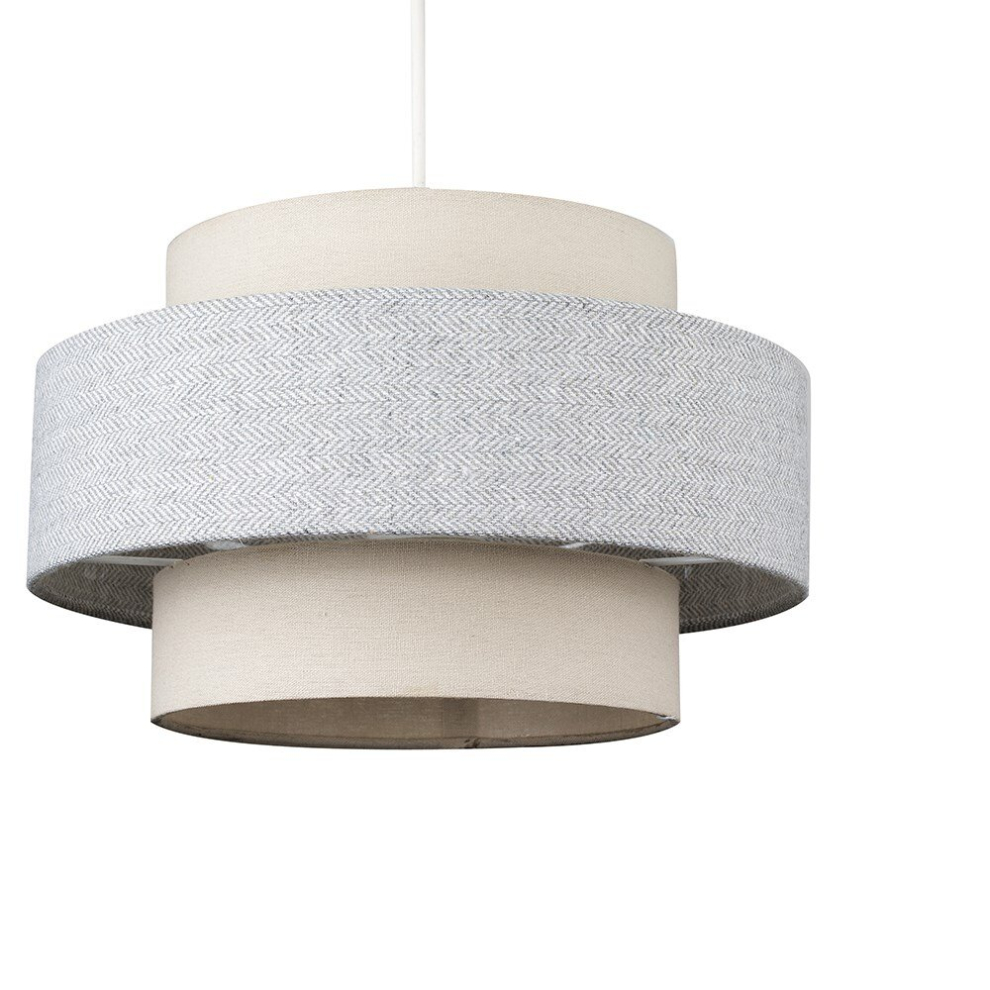 Modern Cylinder Ceiling Pendant Light Shade in a Cream & Grey Herringbone Finish - Complete with a 10w LED GLS Bulb [3000K Warm White]