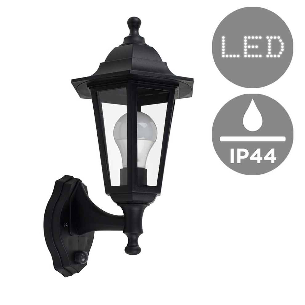 Traditional Style Black Outdoor Security Dusk to Dawn IP44 Rated Wall Light Lantern - Complete with a 6w LED GLS Bulb [3000K Warm White]