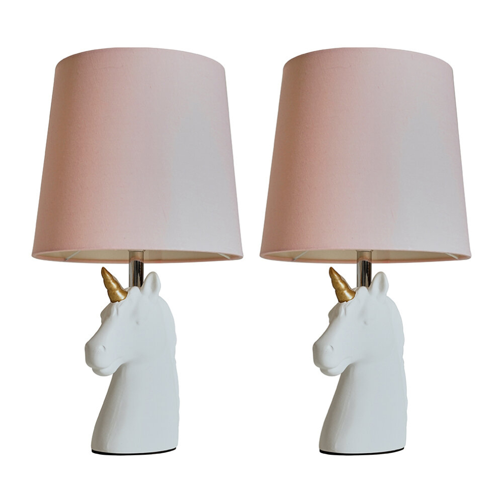 Pair of - Gloss White and Gold Ceramic Unicorn Table Lamps with a Pink Tapered Light Shade - Complete with 4w LED Golfball Bulbs [3000K Warm White]