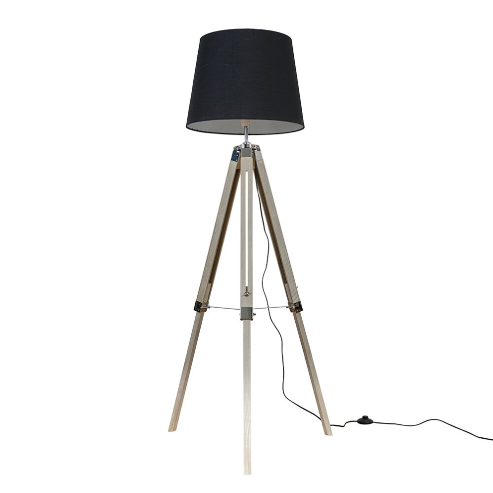 Modern Distressed Wood and Silver Chrome Tripod Floor Lamp with a Black Tapered Light Shade