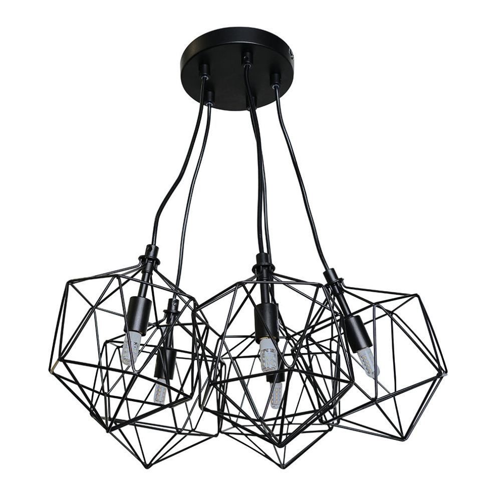 Industrial 5 Way Geometric Matt Black Wire Basket Cage Ceiling Pendant Light Fitting - Complete with 3w LED G9 Bulbs [3000K Warm White]