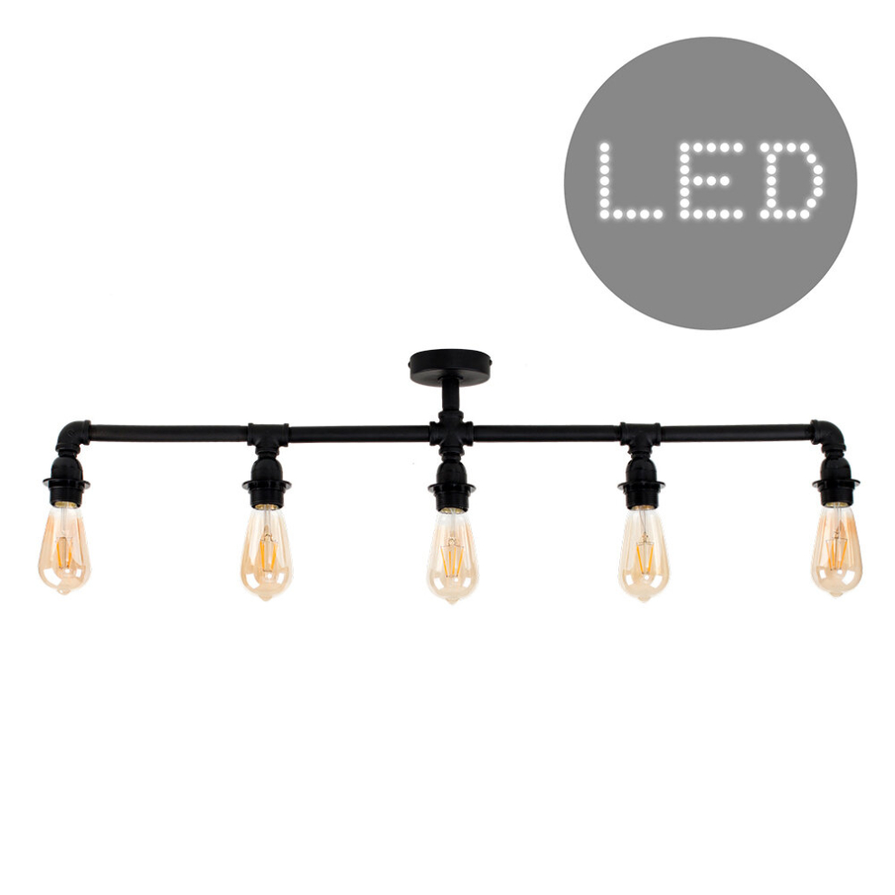 Industrial 5 Way Black Pipework Bar Ceiling Light 4w LED Filament Bulb