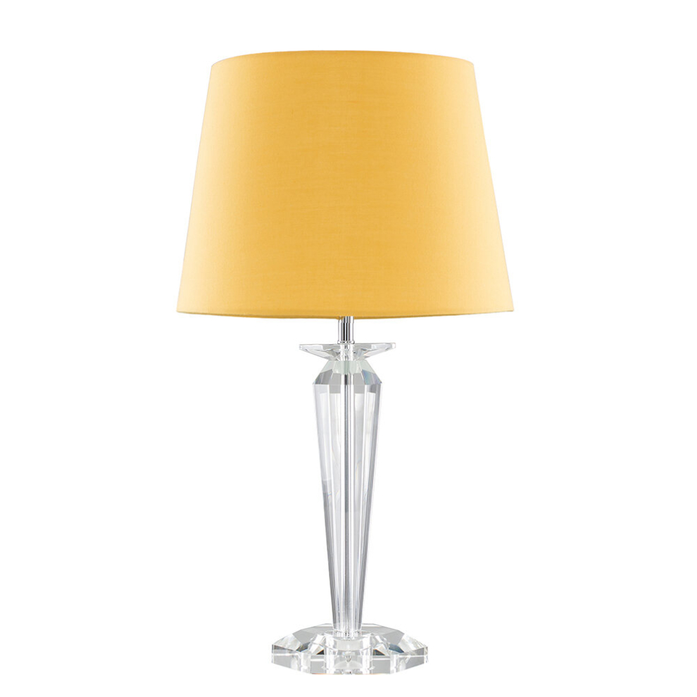 Modern Clear Genuine K9 Crystal Base Table Lamp with a Mustard Tapered Shade - Complete with a 6w LED GLS Bulb [3000K Warm White]