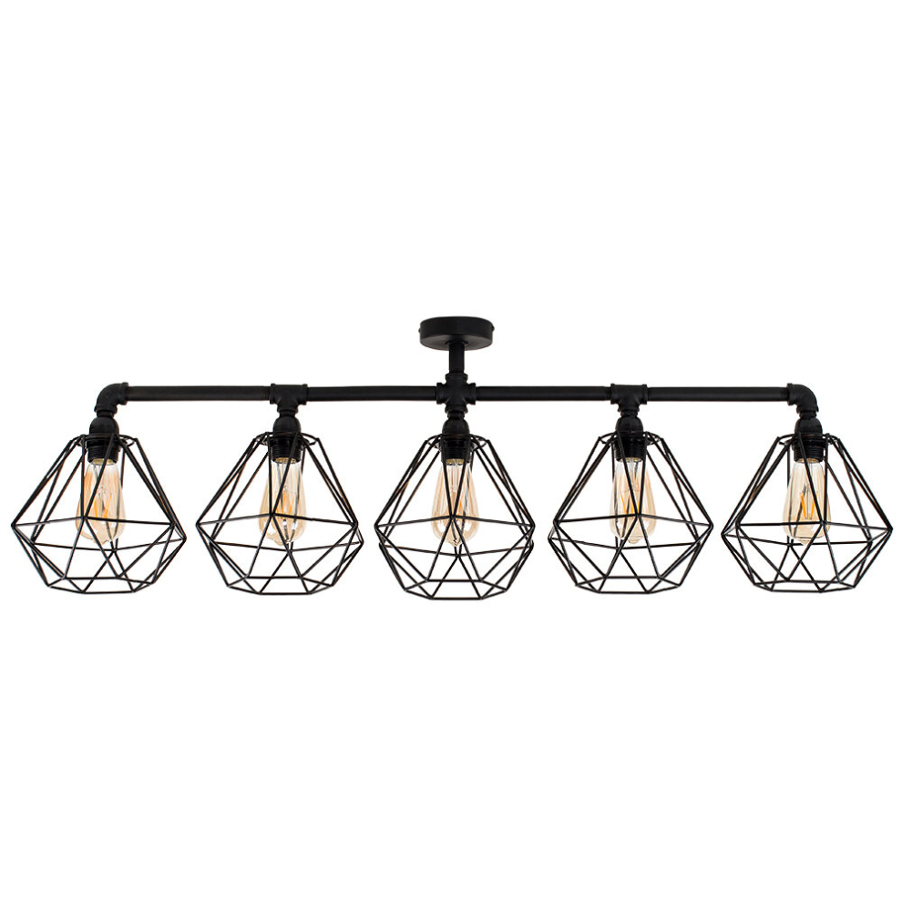 Industrial 5 Way Satin Black Pipework Ceiling Light Black Cage Shades