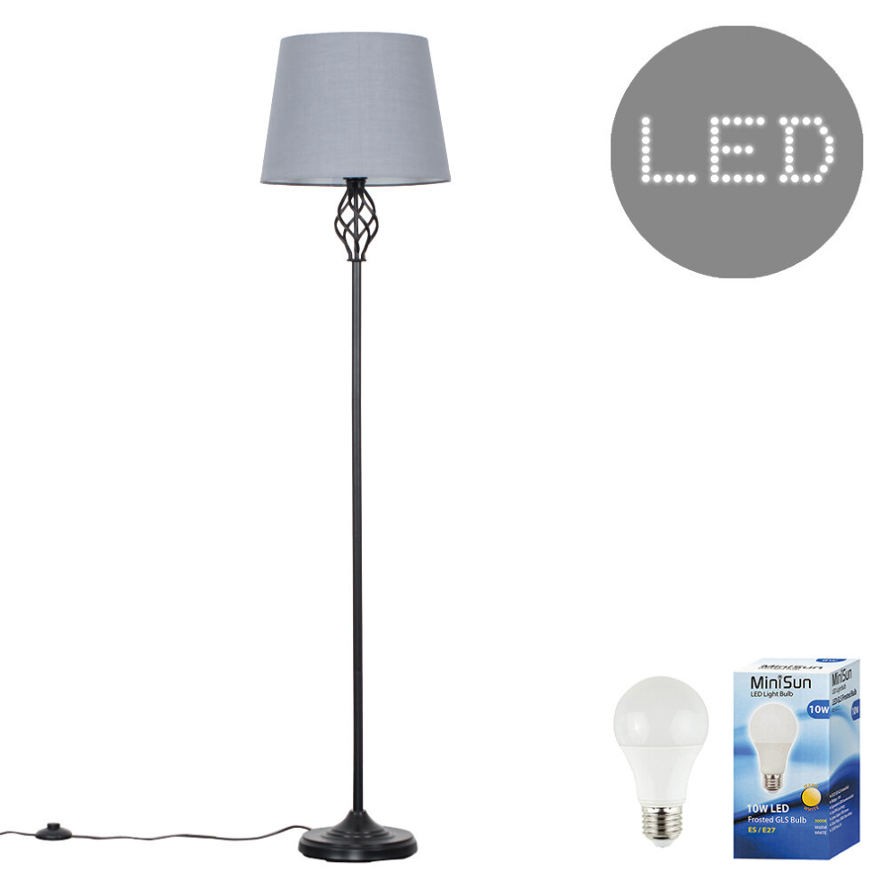 Traditional Style Black Barley Twist Floor Lamp with a Grey Tapered Light Shade - Complete with a 10w LED GLS Bulb [3000K Warm White]