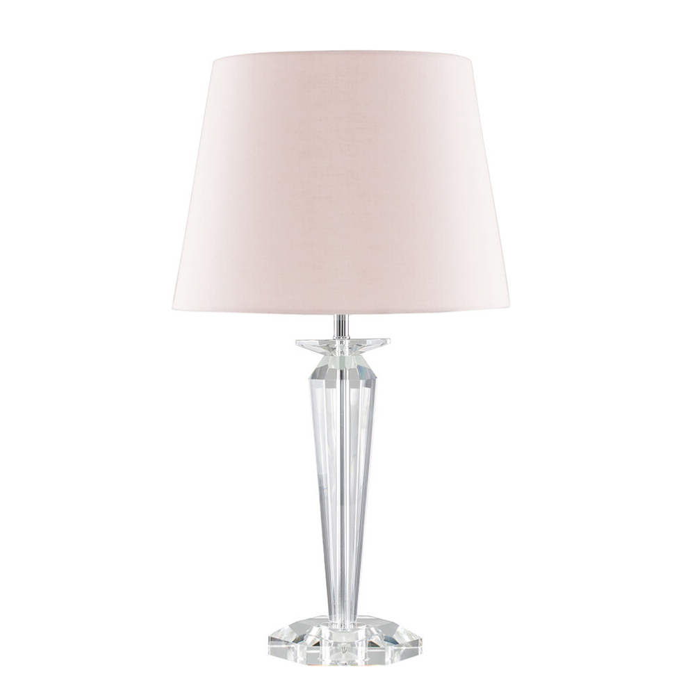 Modern Clear Genuine K9 Crystal Base Table Lamp with a Pink Tapered Shade - Complete with a 6w LED GLS Bulb [3000K Warm White]