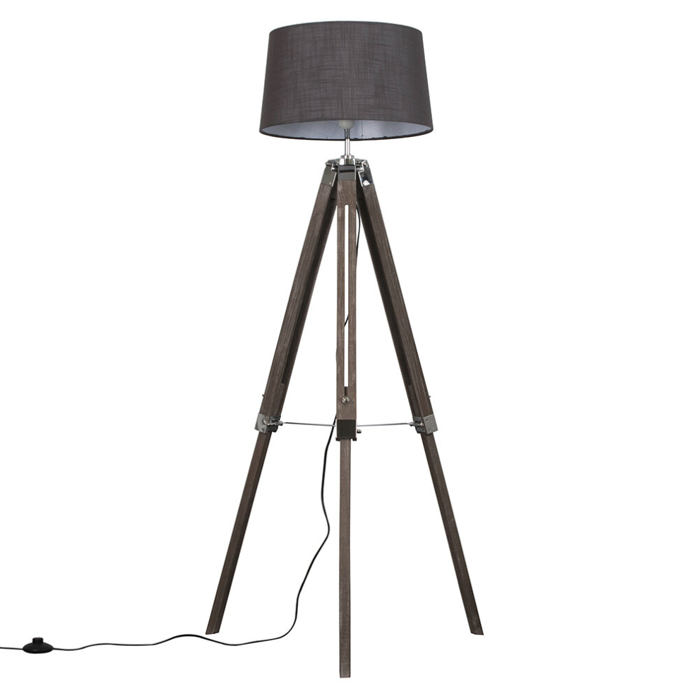 Modern Distressed Wood and Silver Chrome Tripod Floor Lamp with a Grey Tapered Shade - Complete with a 6w LED GLS Bulb [3000K Warm White]