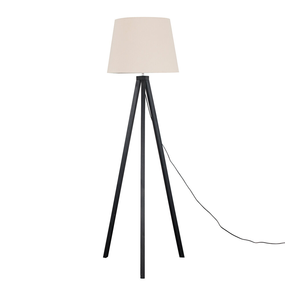 Modern Black Wood Tripod Design Floor Lamp with a Beige Tapered Shade - Complete with a 6w LED GLS Bulb [3000K Warm White]