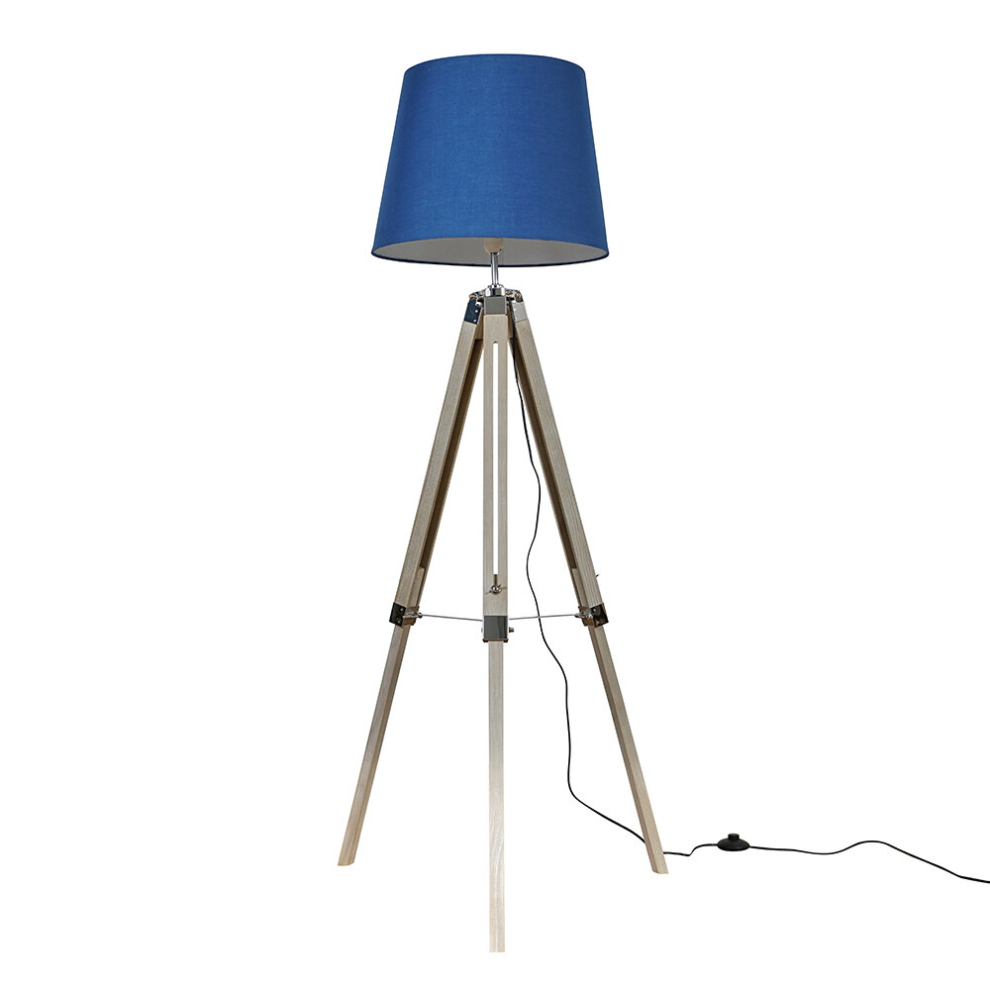 Modern Distressed Wood and Silver Chrome Tripod Floor Lamp with a Navy Blue Tapered Light Shade