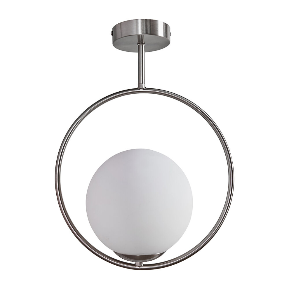 Contemporary Brushed Chrome Ring & Opal Glass Globe Shade Ceiling Light Fitting - Complete with a 4w LED Globe Bulb [3000K Warm White]