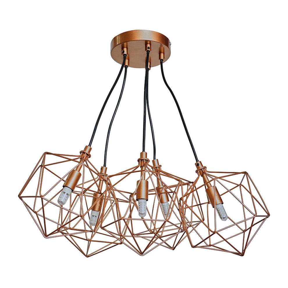 Industrial 5 Way Geometric Copper Wire Basket Cage Ceiling Pendant Light Fitting - Complete with 3w LED G9 Bulbs [3000K Warm White]