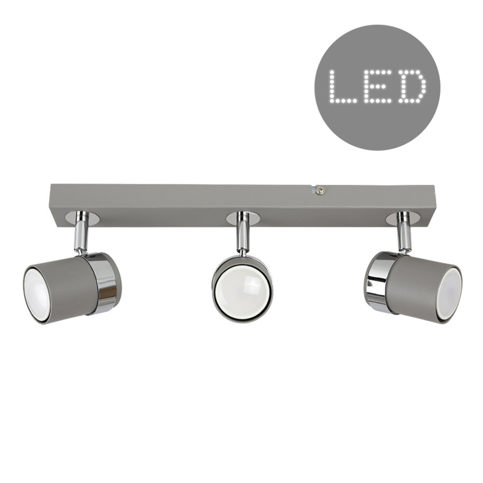 Modern 3 Way Cement/Stone Effect and Silver Chrome Straight Bar Ceiling Spotlight - Complete 5w LED GU10 Bulbs [6500K Cool White]