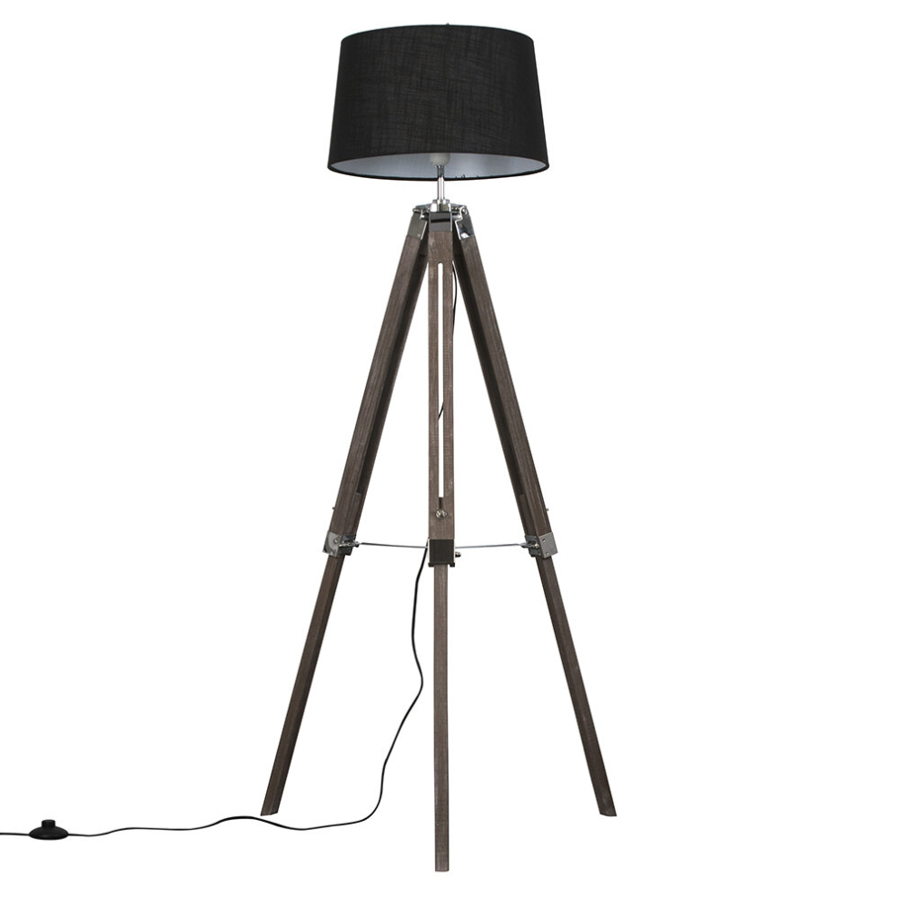 Modern Distressed Wood and Silver Chrome Tripod Floor Lamp with a Black Tapered Shade