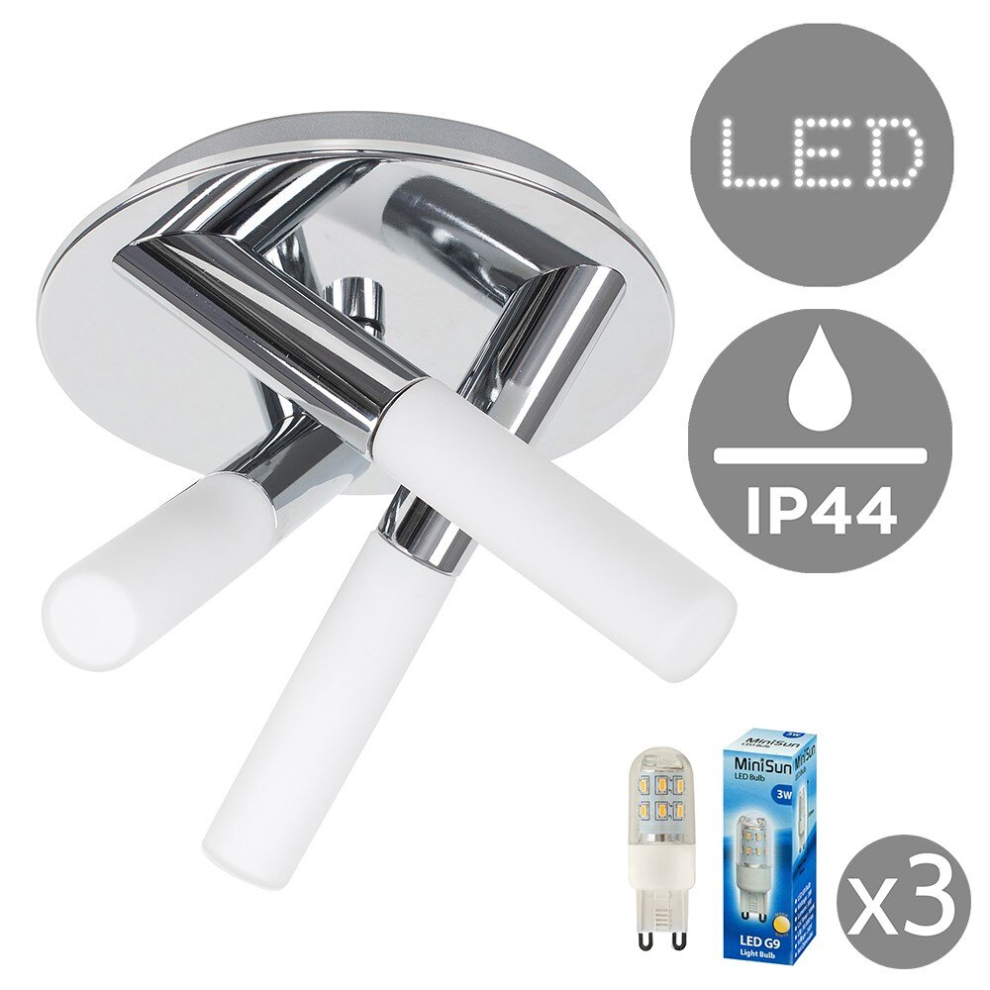 Modern IP44 Rated 3 Way Cross Over Polished Chrome Flush Ceiling Light Fitting with Frosted Glass Shades - With 3w LED G9 Bulbs [3000K Warm White]