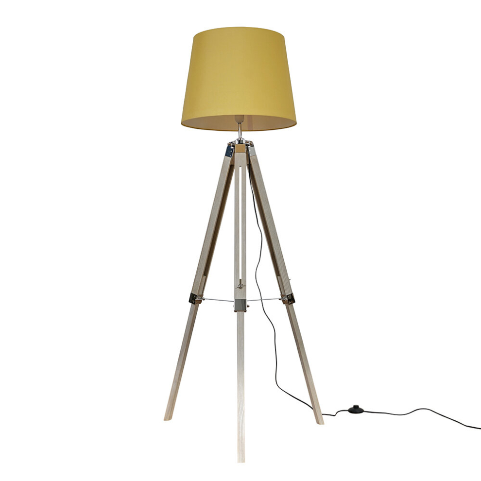 Modern Distressed Wood and Silver Chrome Tripod Floor Lamp with a Mustard Tapered Light Shade