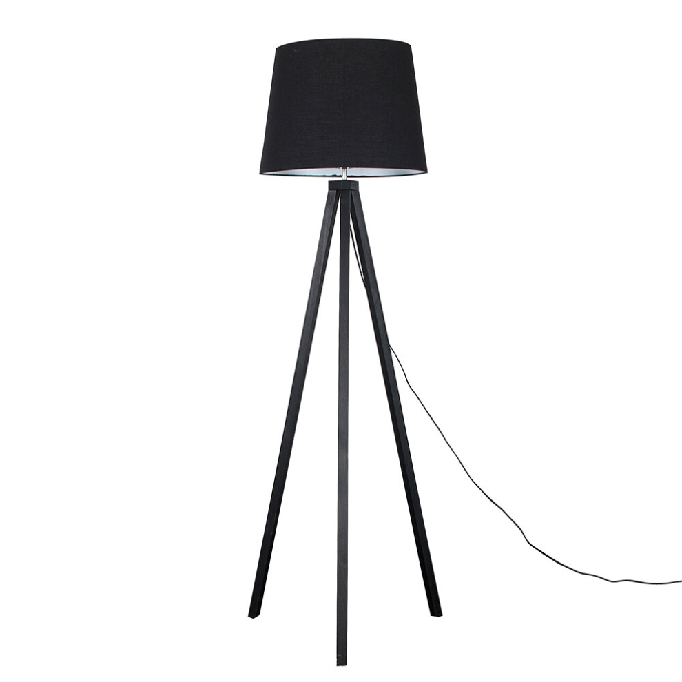 Modern Black Wood Tripod Design Floor Lamp with a Black Tapered Shade - Complete with a 6w LED GLS Bulb [3000K Warm White]