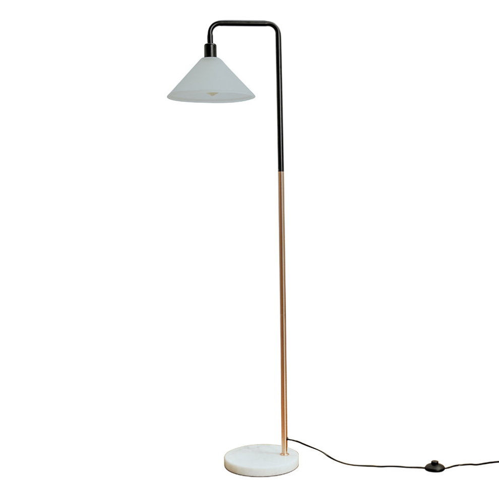 Talisman Black And Copper Marble Base Floor Lamp With Pendant Glass Shade And LED Filament Amber Bulb