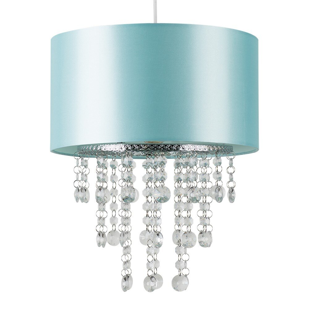 Modern Duck Egg Blue Cylinder Ceiling Pendant Light Shade with Clear Acrylic Jewel Effect Droplets