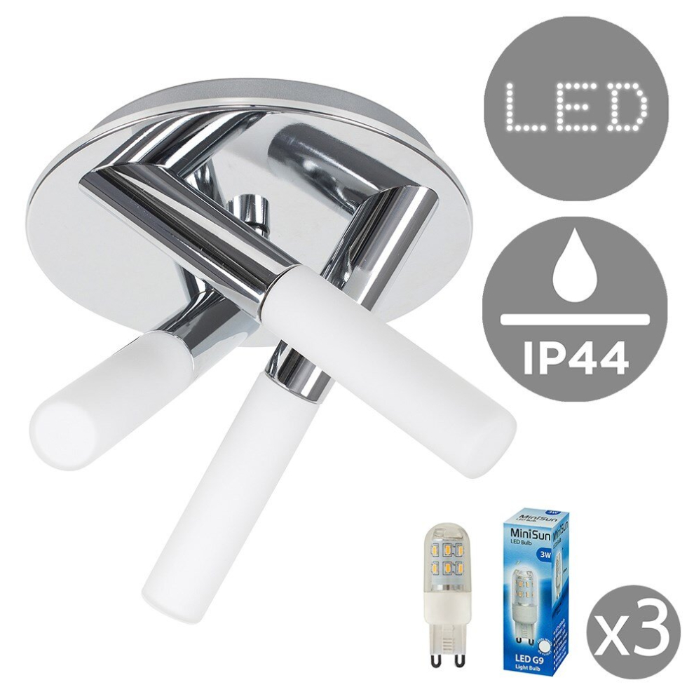 Modern IP44 Rated 3 Way Cross Over Polished Chrome Flush Ceiling Light Fitting with Frosted Glass Shades - With 3w LED G9 Bulbs [6500K Cool White]