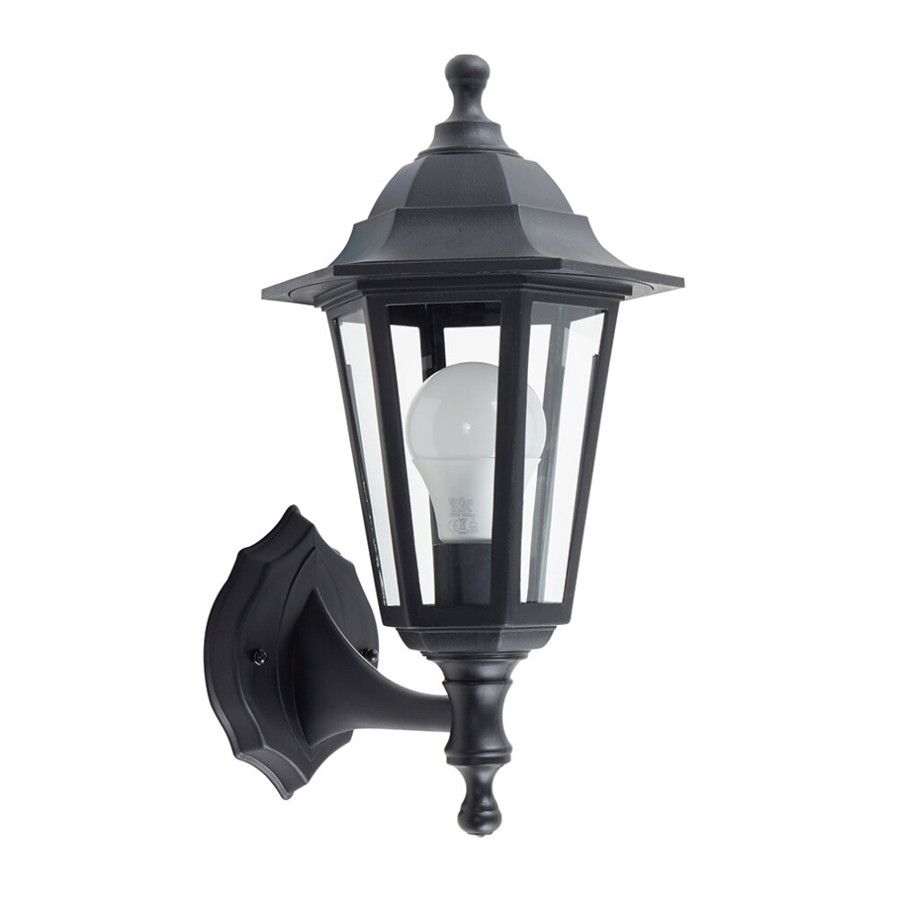 Traditional Style Black Outdoor Security IP44 Rated Wall Light Lantern - Complete with 1 x 6w LED ES E27 Bulb