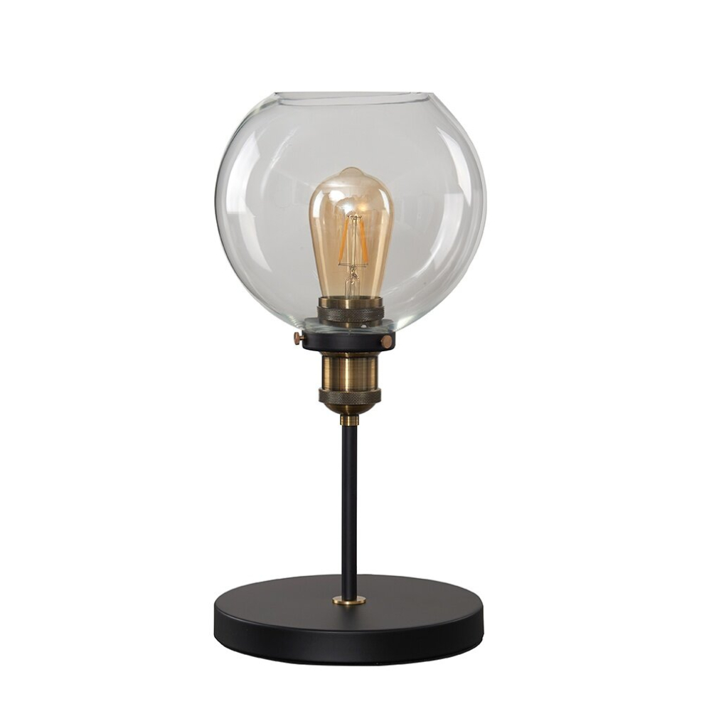 Pair of Industrial Black Gold Table Lamps Clear Glass Globe Shade