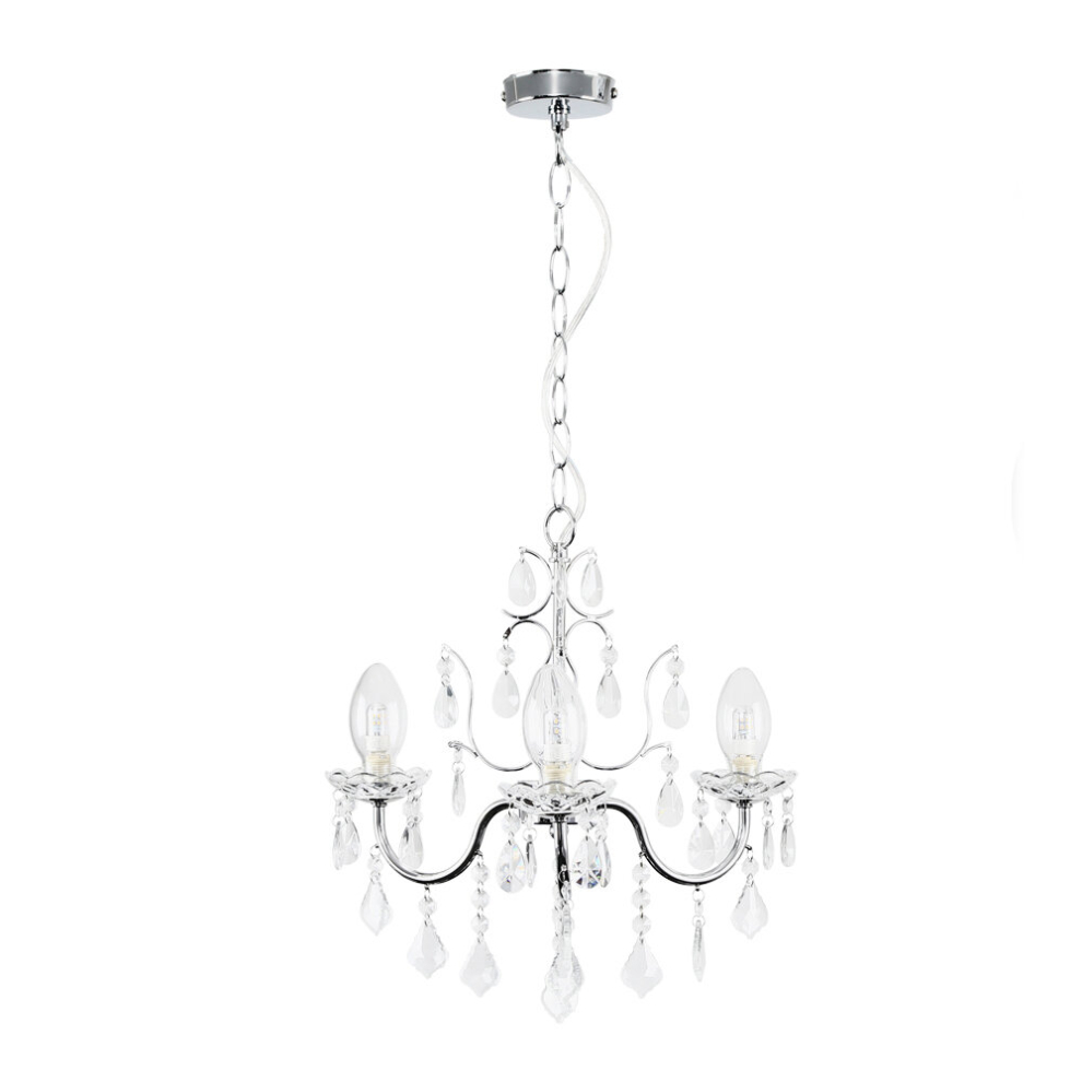 Modern IP44 Rated 3 Way Silver Chrome Bathroom Ceiling Light Chandelier with Clear Glass Droplets - Complete with 3w LED G9 Bulbs [3000K Warm White]