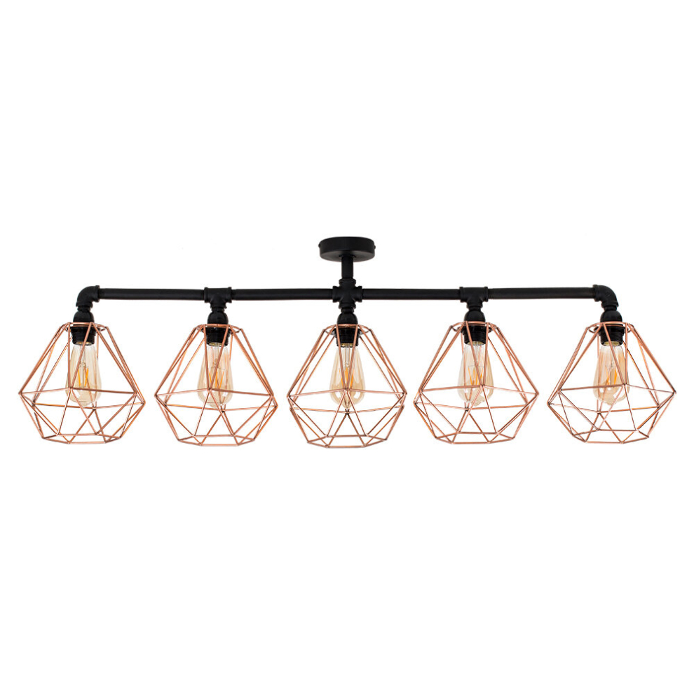 Industrial 5 Way Black Pipework Bar Ceiling Light Copper Cage Shades