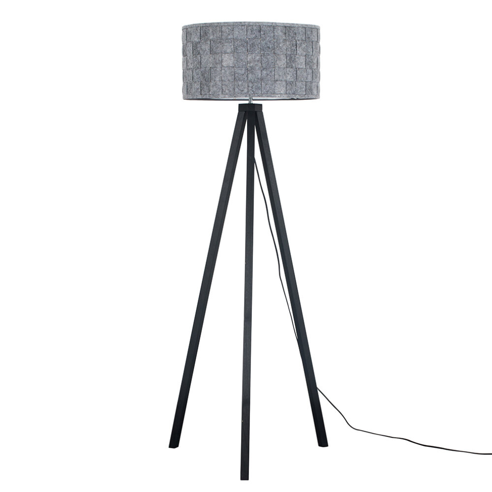 Modern Black Wood Tripod Design Floor Lamp with a Grey Felt Weave Design Cylinder Light Shade - Complete with a 6w LED GLS Bulb [3000K Warm White]