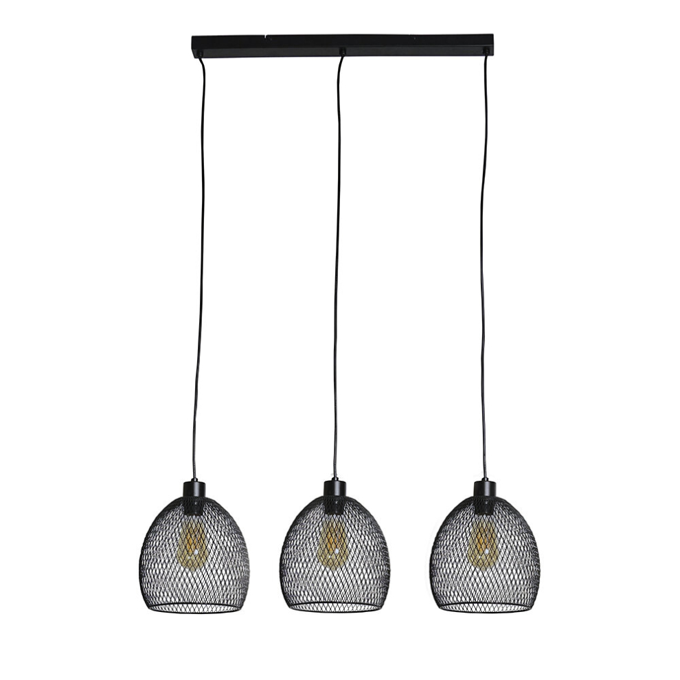 3 Way Matt Black Over Table Ceiling Light Fitting with Suspended Mesh Lightshades - Complete with 4w LED Filament Bulbs [2700K Warm White]