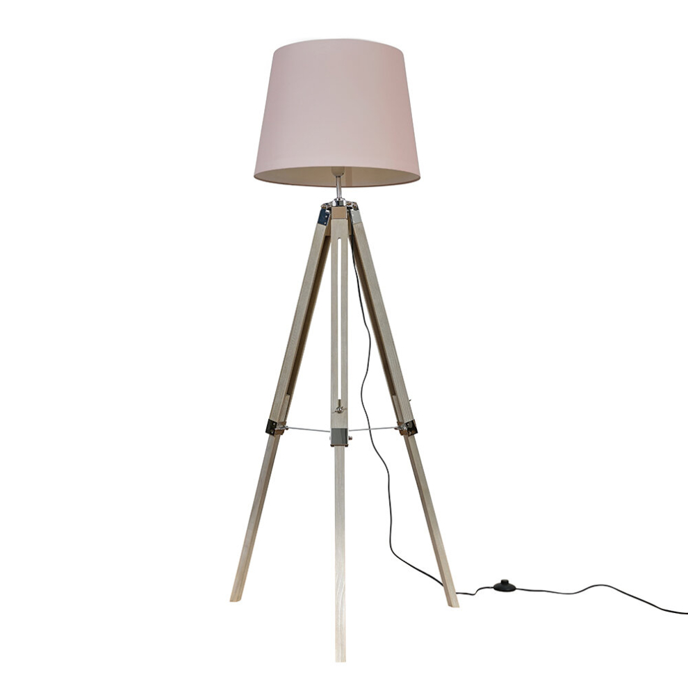 Modern Distressed Wood and Silver Chrome Tripod Floor Lamp with a Pink Tapered Light Shade - Complete with a 6w LED GLS Bulb [3000K Warm White]