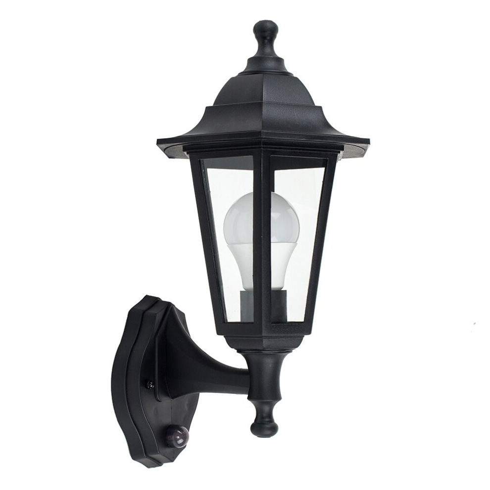 Traditional Style Black Outdoor Security PIR Motion Sensor IP44 Rated Wall Light Lantern - Complete with 1 x 6w LED ES E27 Bulb