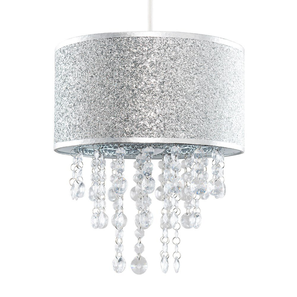 Modern Silver Glitter Cylinder Ceiling Pendant Light Shade with Clear Acrylic Jewel Droplets - Complete with a 10w LED GLS Bulb [3000K Warm White]