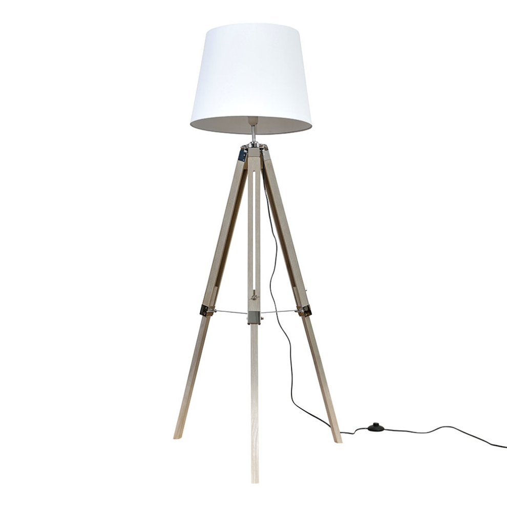 Modern Distressed Wood and Silver Chrome Tripod Floor Lamp with a White Tapered Light Shade - Complete with a 6w LED GLS Bulb [3000K Warm White]