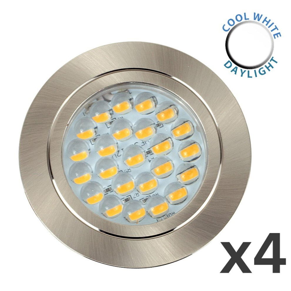 Pack of 4 - Modern Brushed Chrome 12V LED Caravan/Boat/Cabin Downlights [6000K Cool White]