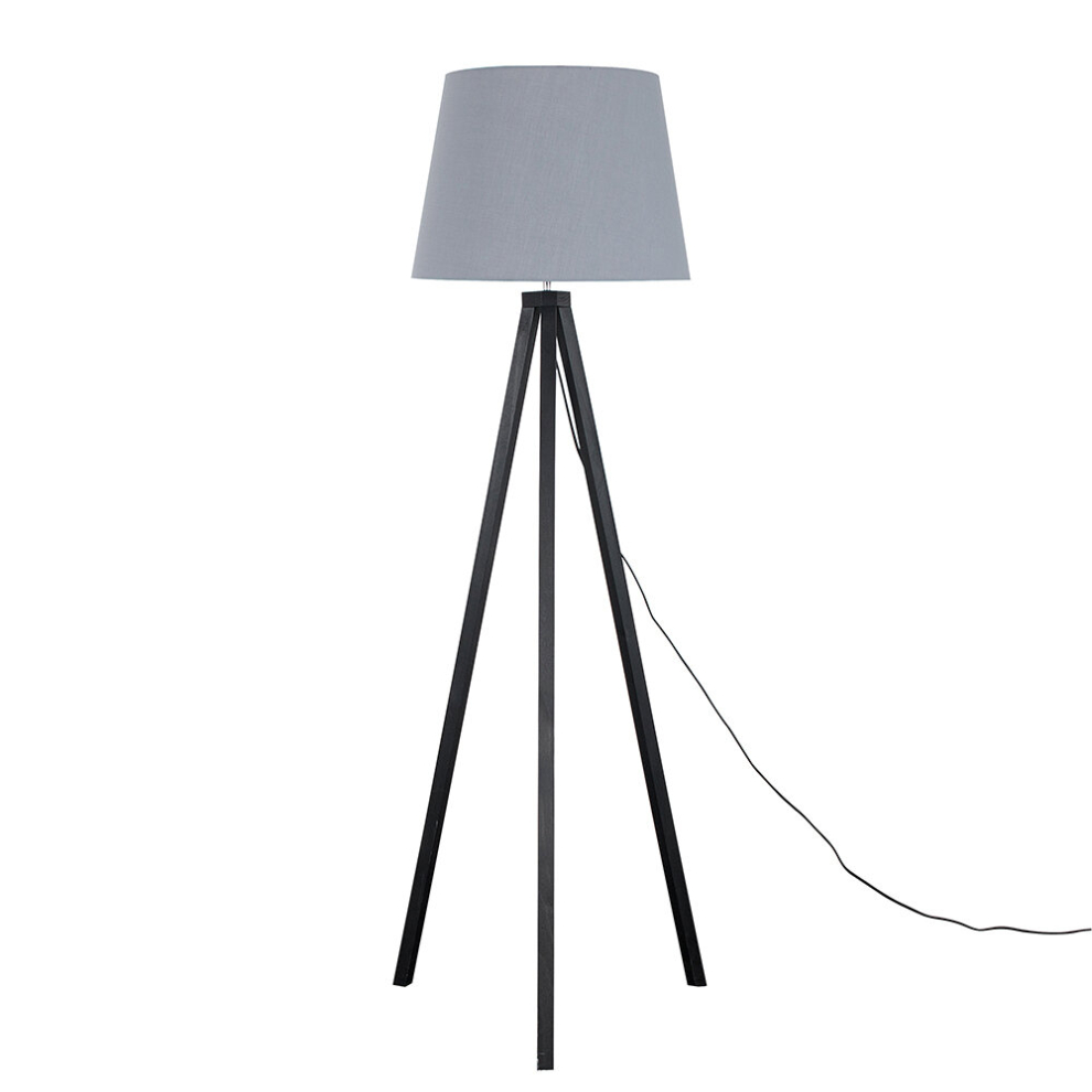 Modern Black Wood Tripod Design Floor Lamp with a Grey Tapered Shade - Complete with a 6w LED GLS Bulb [3000K Warm White]