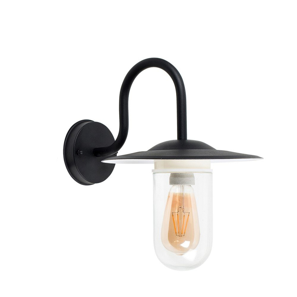 Modern IP44 Rated Black Metal Swan Neck Outdoor Lantern Wall Light with a Clear Glass Shade - Complete with a 4w LED Filament Bulb [2700K Warm White]
