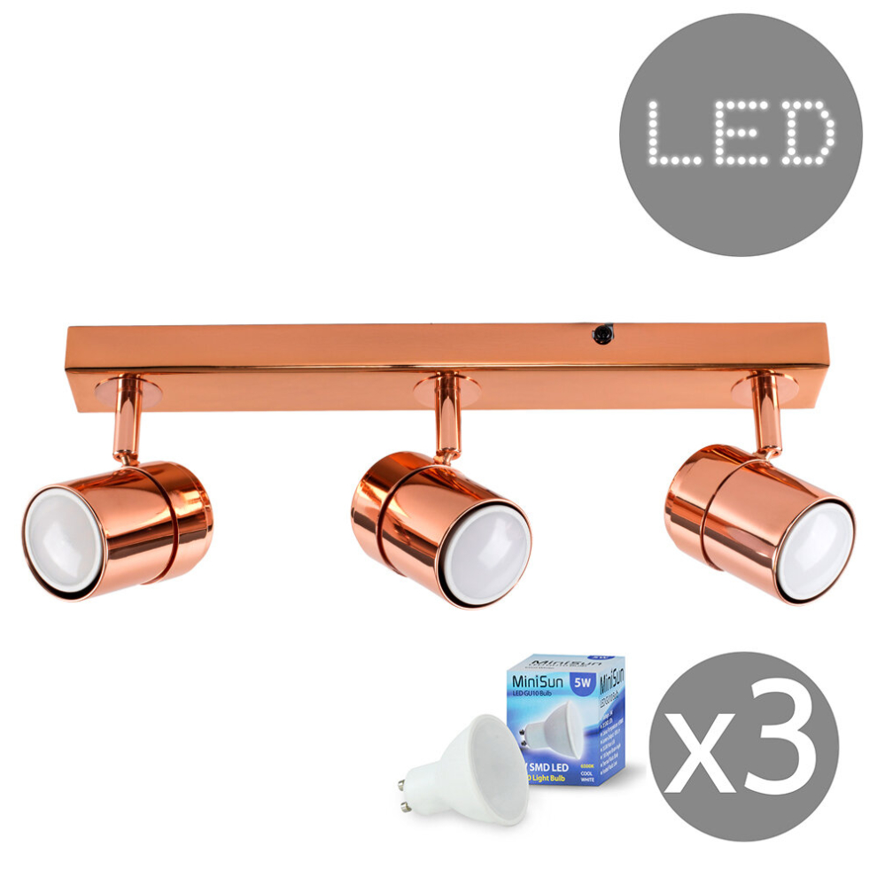 Modern 3 Way Copper Effect Straight Bar Ceiling Spotlight - Complete with 5w GU10 LED Bulb [6500K Cool White]