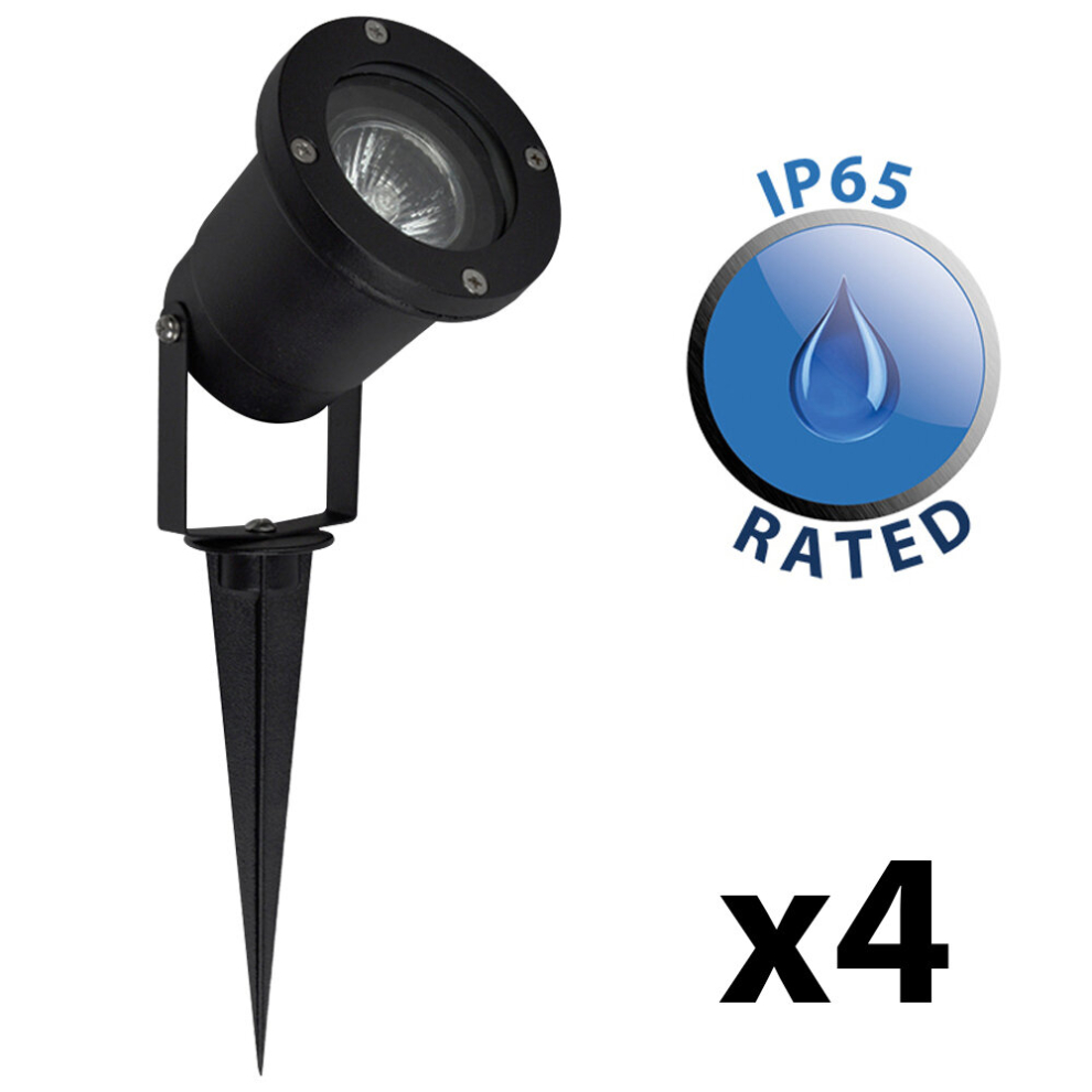 Pack of 4 - Modern Ground Spike/Wall Mount IP65 Rated Outdoor Lights in a Black Finish