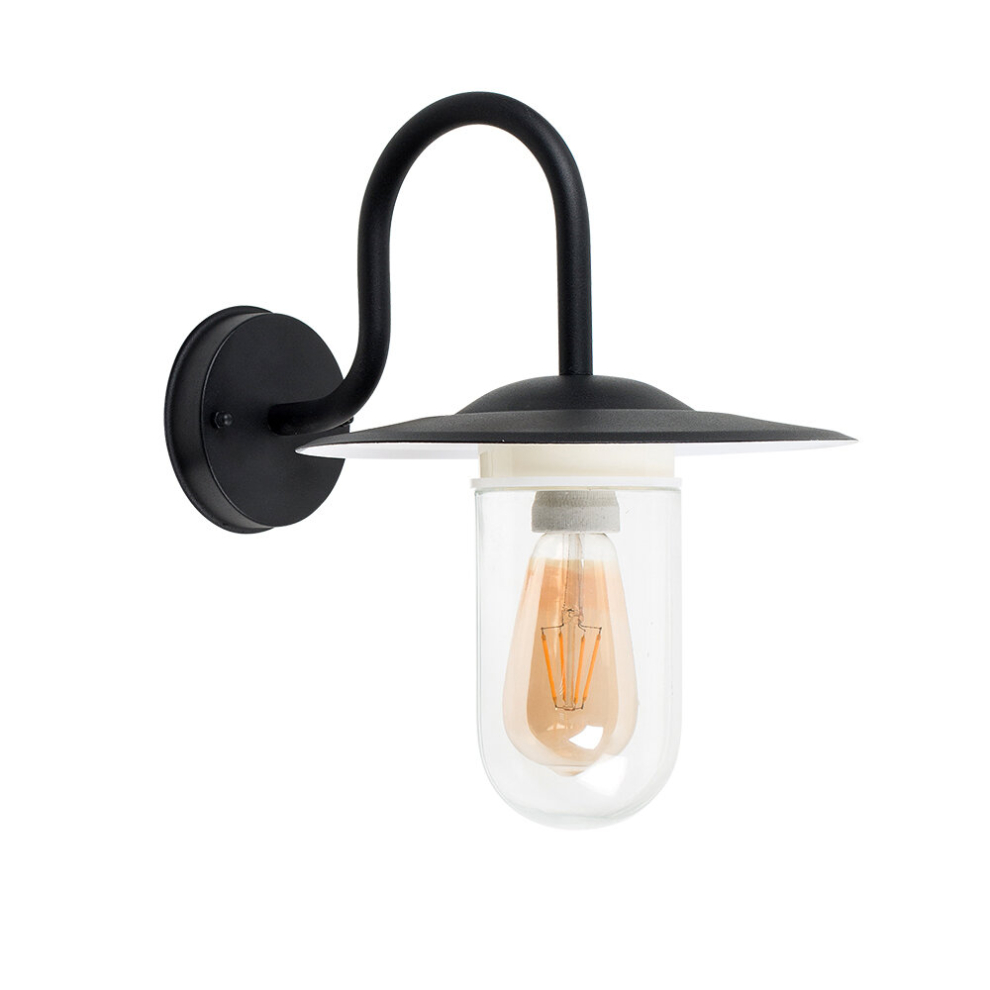 Modern IP44 Rated Black Metal Swan Neck Outdoor Lantern Wall Light with a Clear Glass Shade