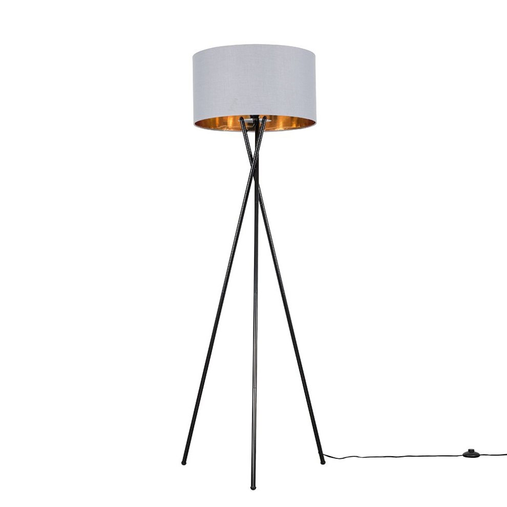 Modern Gloss Black Metal Tripod Floor Lamp with a Grey & Gold Cylinder Shade - Complete with a 6w LED Bulb [3000K Warm White]