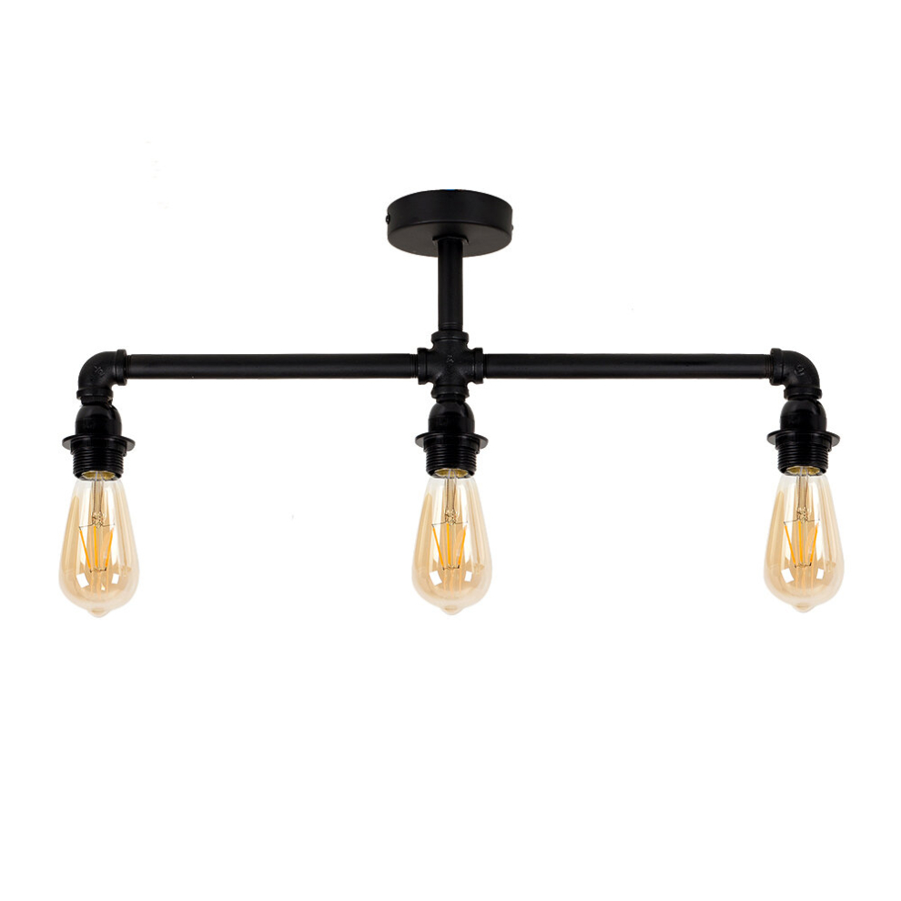 Industrial Black 3 Way Pipework Ceiling Light 4w LED Amber Bulbs