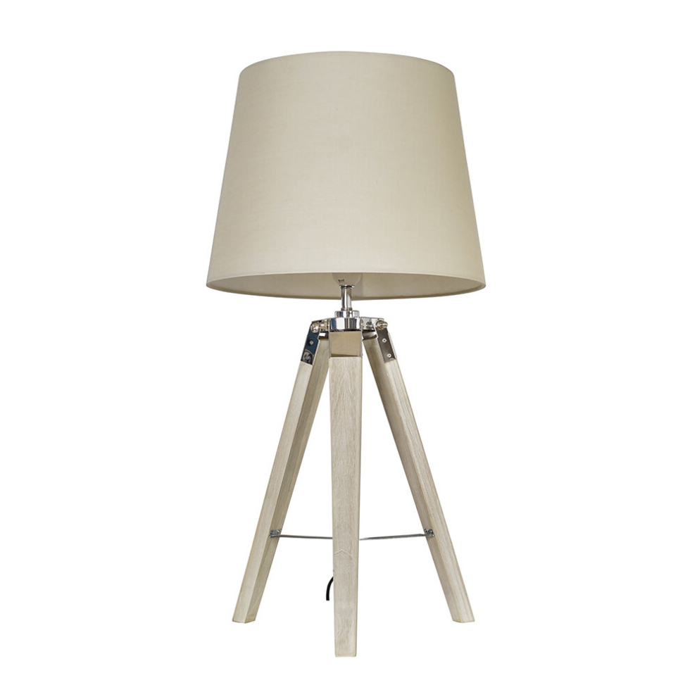 Modern Distressed Wood and Silver Chrome Tripod Table Lamp with a Beige Tapered Light Shade - Complete with a 6w LED GLS Bulb [3000K Warm White]