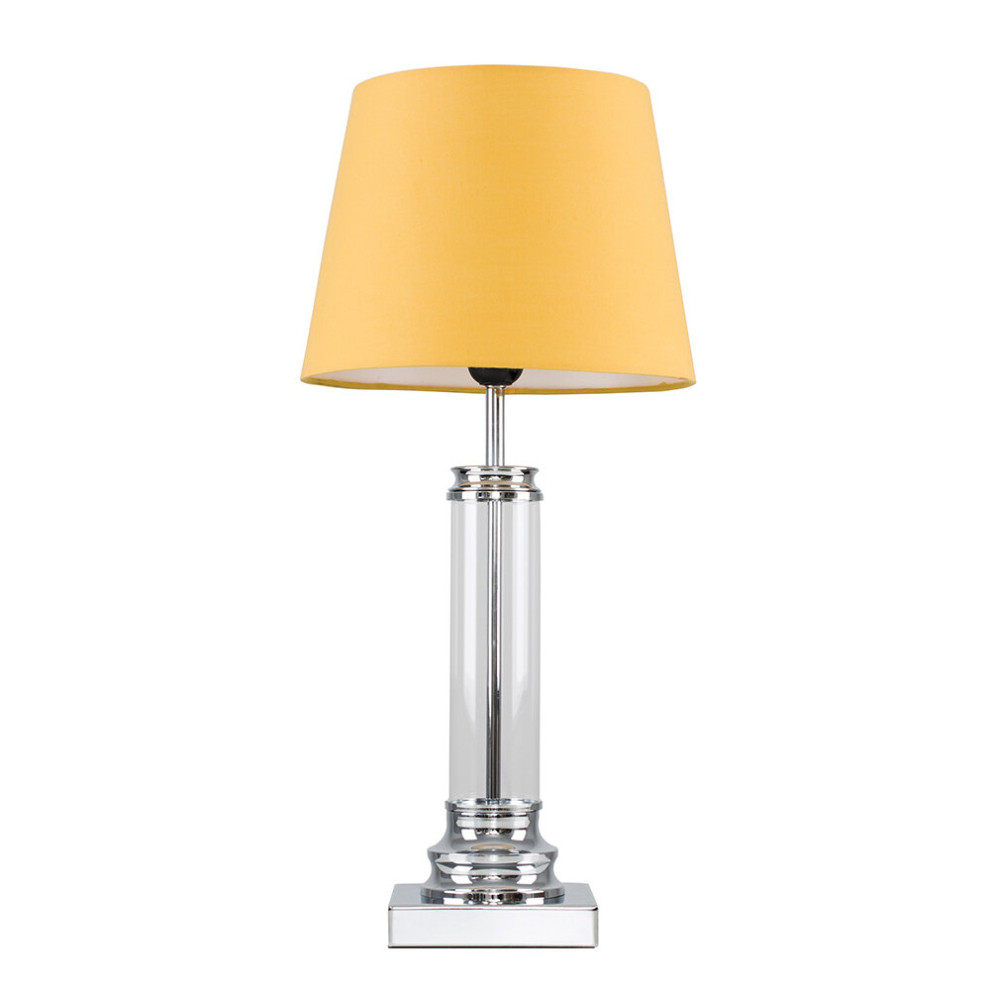 Modern Clear Glass Column Design Touch Table Lamp with a Mustard Tapered Shade