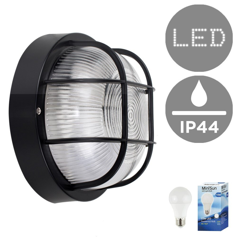 Modern IP44 Rated Black Outdoor Garden Security Round Bulkhead Wall Light - Complete with a 10w LED GLS Bulb [6500K Cool White]