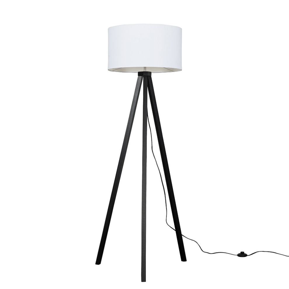 Modern Black Wood Tripod Design Floor Lamp with a White Drum Shade - Complete with a 6w LED GLS Bulb [3000K Warm White]