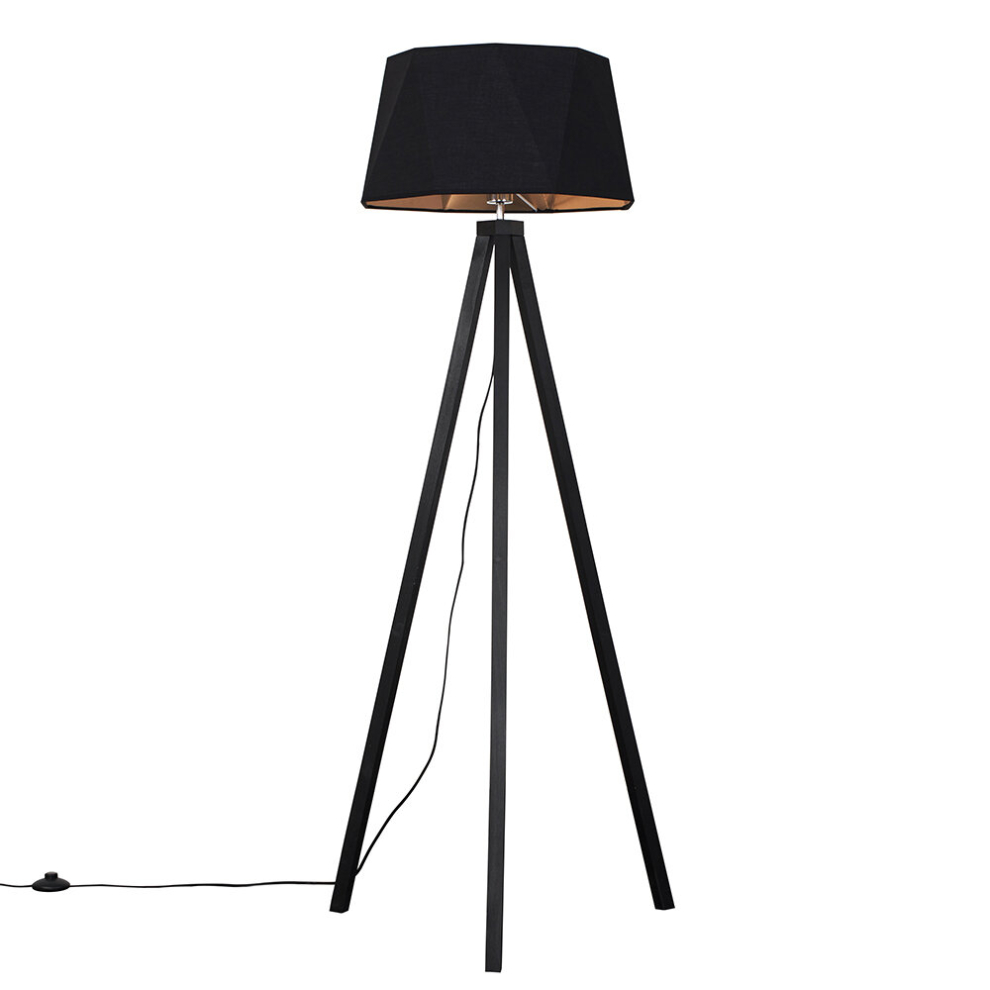 Modern Black Wood Tripod Design Floor Lamp with a Matt Black/Copper Geometric Shade - Complete with a 6w LED GLS Bulb [3000K Warm White]