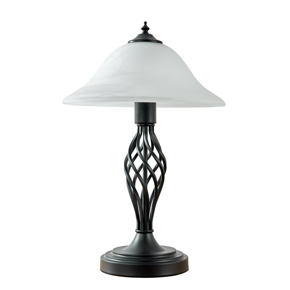 Traditional Style Satin Black Barley Twist Table Lamp with a Frosted Alabaster Shade - Complete with a 6w LED Bulb [3000K Warm White]