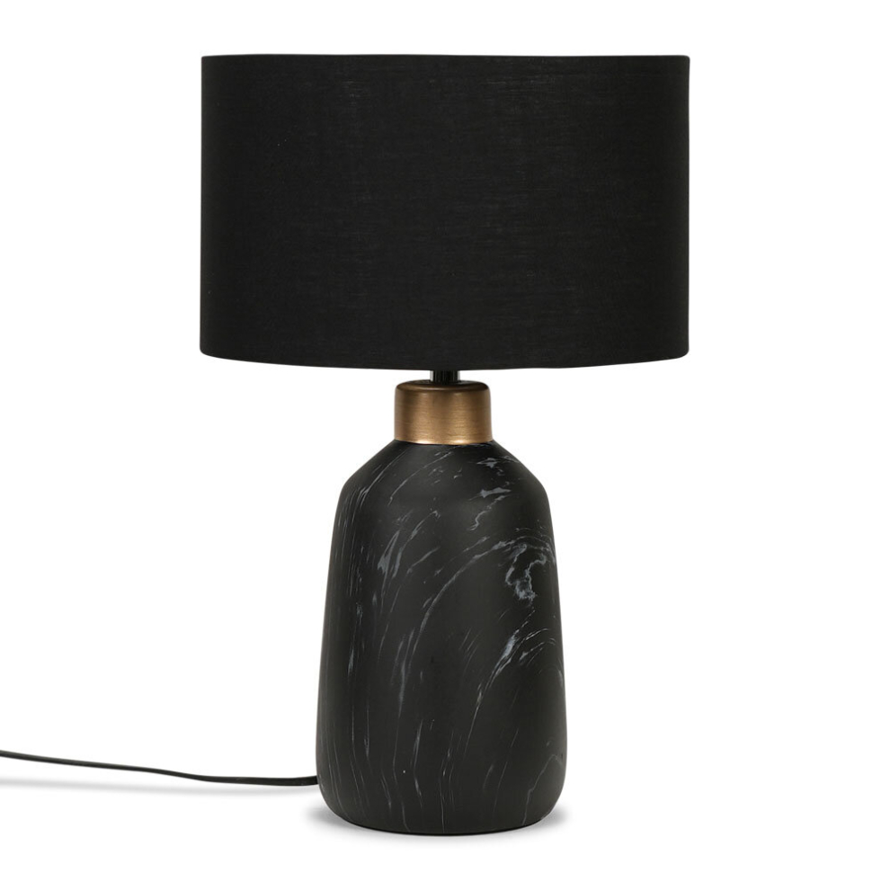 Modern Copper Caped Black Marble Effect Table Lamp with a Black Drum Shade