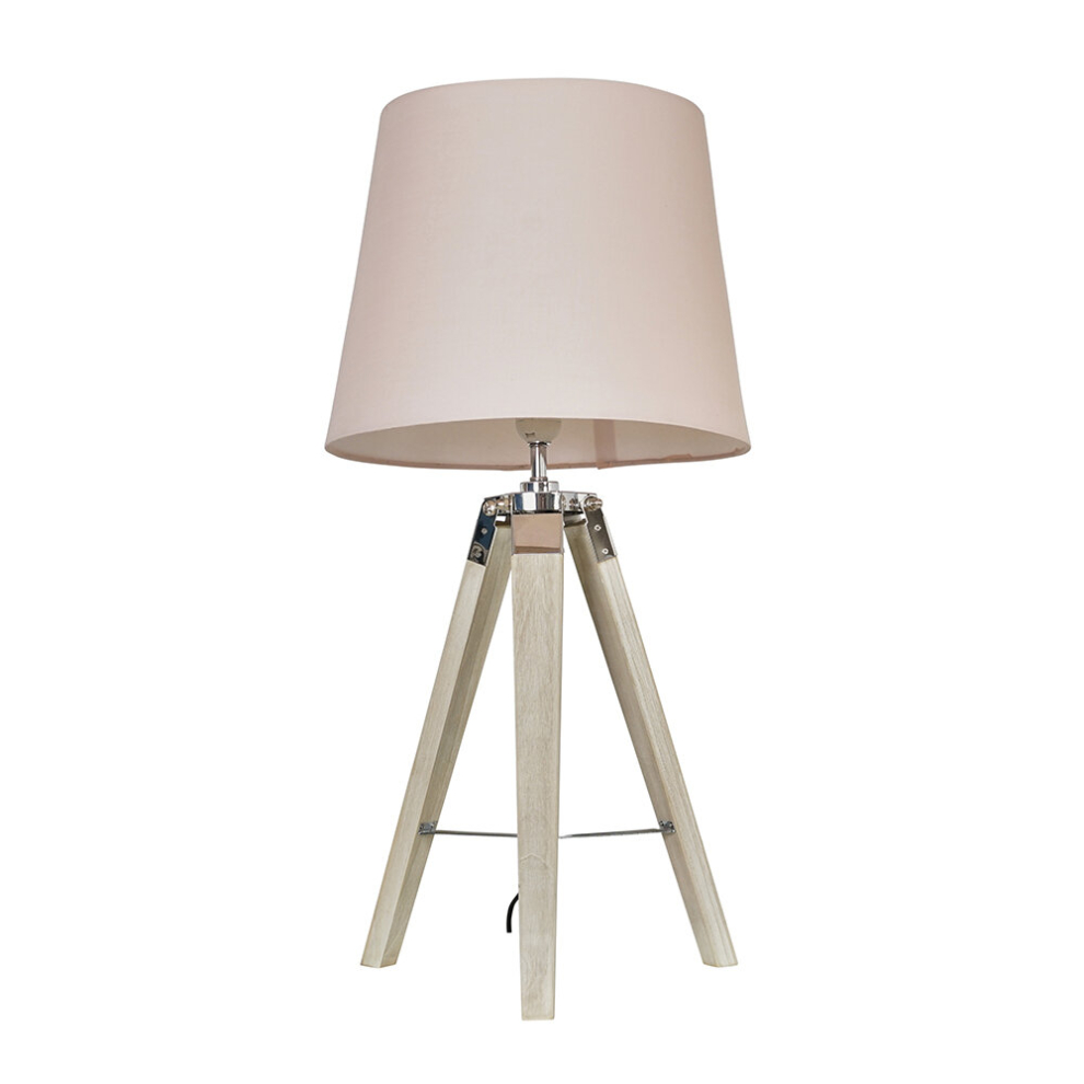 Modern Distressed Wood and Silver Chrome Tripod Table Lamp with a Pink Tapered Light Shade - Complete with a 6w LED GLS Bulb [3000K Warm White]