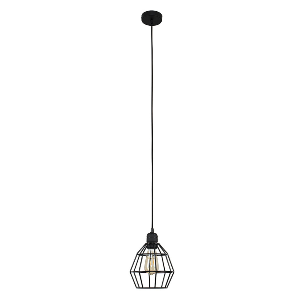 Modern Matt Black Ceiling Rose & Flex Lampholder Fitting with a Black Basket Shade